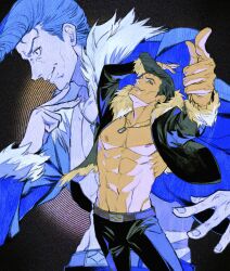  1boy absurdres belt belt_buckle black_hair black_jacket buckle fur-trimmed_jacket fur_trim highres ishigori_ryu jacket jujutsu_kaisen long_hair losu muscular muscular_female open_clothes open_jacket pompadour solo 
