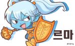  :d armor blue_skin chibi fang green_dew hammer korean league_of_legends open_mouth pointy_ears poppy shadow shield smile twintails weapon white_hair yordle 