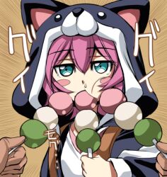  1girl 1other animal_ears animal_hood aqua_eyes backpack bag battle_spirits battle_spirits:_burning_soul blush_stickers commentary_request dango fake_animal_ears food food_in_mouth holding holding_skewer hood hood_up hooded_jacket jacket karateka_(kikyakudou) kuroda_kanna lowres open_clothes open_jacket pink_hair pov pov_hands sanshoku_dango shirt skewer snot solo_focus sound_effects upper_body wagashi white_shirt 