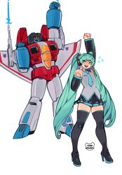  1boy 1girl aqua_hair arm_cannon artist_name bare_shoulders black_boots black_skirt black_sleeves blue_eyes blue_nails blue_necktie boots cannon clenched_hands collared_shirt decepticon detached_sleeves earphones earpiece eyelashes firing firing_into_the_air frilled_shirt frills full_body grey_shirt hair_between_eyes hair_ornament hand_up hatsune_miku high_heel_boots high_heels highres kamii_momoru legs long_hair looking_at_viewer mecha mechanical_wings miniskirt necktie parted_lips red_eyes robot shirt sidelocks signature simple_background skirt sleeveless sleeveless_shirt smile sparkle starscream striped_clothes striped_shirt striped_skirt striped_sleeves thigh_boots thighs transformer transformers twintails twitter_username very_long_hair vocaloid weapon white_background wings zettai_ryouiki 