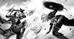 2girls absurdres angry armor armored_boots arms_up battle belt belt_buckle between_breasts boots braid breastplate breasts broken_shield buckle clash cloak commentary_request duel dust elbow_gloves fantasy feet_out_of_frame fingerless_gloves foot_out_of_frame from_side gauntlets glaring gloves greatsword greyscale hair_tie highres holding holding_shield holding_sword holding_weapon hood hood_up jun_(navigavi) kicking knee_pads korean_commentary large_breasts leaning_forward leather leather_armor leather_boots lips long_hair looking_at_another looking_down looking_up making-of_available monochrome motion_blur motion_lines multiple_girls nose original pants parted_lips poleyn puffy_sleeves round_shield shield shirt short_hair short_sword shortsword_(navigavi) single_braid solo standing standing_on_one_leg strap_between_breasts sword thigh_boots two-handed weapon wooden_shield zweihander zweihander_(navigavi) 
