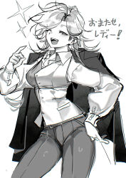  0916psy 1girl absurdres breasts collared_shirt commentary_request deltarune flowery_(deltarune) genderswap genderswap_(mtf) greyscale hand_on_own_hip highres jacket jacket_on_shoulders long_hair monochrome one_eye_closed open_mouth pants shirt smile solo sparkle translated utdr_(toby_fox) vest 