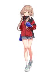  1girl absurdres ahoge ankle_socks arm_at_side blue_gloves boxing_gloves brown_hair flat_chest full_body game_asset gloves grey_skirt hand_up highres jacket long_hair long_sleeves looking_at_viewer low_twintails microskirt natsuhiko non-web_source open_mouth plaid_clothes plaid_skirt red_jacket saint_dorei_gakuen_3 school_uniform self-datamine shoes skirt sleeve_rolled_up sneakers socks solo standing suzuya_riko tachi-e track_jacket transparent_background twintails white_shoes white_socks yellow_eyes 