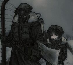  1boy 1girl backpack bag barbed_wire belt black_coat black_eyes black_gloves black_hat catacomb_(artist) cigarette coat commentary_request eyebrow_piercing face_piercing faux_traditional_media fence fur-trimmed_hood fur_trim gas_mask gloves goggles goggles_on_head grey_sky hat highres holding holding_map holding_polearm holding_weapon hood map map_(object) mask original piercing polearm reading respirator sky smoking snow tree weapon winter_clothes winter_coat 