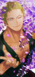 1boy closed_mouth collarbone commentary_request earrings falling_petals green_hair highres jewelry katana kiyoshita light_smile looking_at_viewer male_focus one_eye_closed one_piece open_hand over_shoulder pectorals petals purple_petals roronoa_zoro scar scar_across_eye scar_on_face short_hair solo sword upper_body weapon 