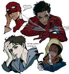  1boy 1girl animal_print blood blood_on_face blue_jacket blush bodysuit brown_hair clamchowder55 covered_eyes green_eyes hand_on_another's_face hand_on_own_forehead highres holding_radio hood hood_down hood_up hoodie jacket jean_grey korean_text layered_clothes long_hair long_sleeves marvel mask mask_lift multicolored_bodysuit multiple_views orange_hair peter_parker portrait print_bodysuit radio red_bodysuit serious short_hair silk spider-man spider-man:_brand_new_day spider-man_(series) spider_print spider_web spider_web_print superhero_costume sweat two-tone_bodysuit very_short_hair white_background yellow_hoodie 
