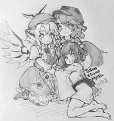  3girls :d absurdres animal_ears barefoot bird_ears bird_wings blush camouflage camouflage_hat carbohydrate_(asta4282) closed_mouth commentary_request earrings greyscale hair_bobbles hair_ornament hat highres hoop_earrings japanese_clothes jewelry kimono kisume long_sleeves looking_at_viewer monochrome multiple_girls mystia_lorelei one-hour_drawing_challenge open_mouth skirt smile toes touhou traditional_media twintails vest wide_sleeves winged_hat wings yamashiro_takane 