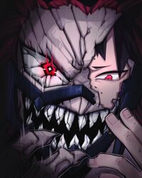  1boy absurdres black_hair boku_no_hero_academia broken_mask commentary cracked_kawaii_mask cracked_mask english_commentary fingernails highres kirishima_eijiro male_focus mask open_mouth red_eyes red_hair solo yodzo_ynh 