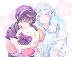  2boys :3 =_= animal_around_neck bare_arms beads blue_pajamas blue_shirt blush bow cheek_press cloud_hair_ornament collared_shirt colored_inner_hair commentary double-parted_bangs ermine facing_to_the_side fake_horns gg_0ng hair_beads hair_between_eyes hair_ornament head_rest horns hugging_object iro_cloud jacket medium_hair mole mole_under_eye multicolored_hair multiple_boys open_clothes open_jacket oto_rainy pajamas parted_lips polka_dot polka_dot_pajamas pom_pom_(clothes) pom_pom_hair_ornament purple_hair purple_pajamas shirt shirt_bow short_hair short_sleeves simple_background skoshism sleeping stuffed_animal stuffed_mouse stuffed_toy swept_bangs untranslatable_commentary upper_body utaite virtual_youtuber weasel white_hair white_jacket 