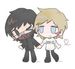  2boys :3 ahoge black-framed_eyewear black_coat black_eyes black_hair black_mask black_pants black_shirt black_shoes blonde_hair blue_eyes blush blush_stickers chibi chibi_only choppy_bangs clothes_writing coat crew_neck double_bridge_glasses glasses heart highres holding_hands ilnaz_galyaviev lollt17 looking_at_another male_focus mask mouth_mask multiple_boys no_pupils nose_blush one_eye_closed open_clothes open_coat pale_skin pants raised_eyebrows real_life rectangular_eyewear russian_text shadow shiny_eyes shirt shoes short_eyebrows short_hair side_part single_blush_sticker sleeve_cuffs spiky_hair t-shirt trench_coat true_crime vladislav_roslyakov walking white_background white_shirt 