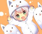  1girl animal_ears animal_hood arms_up blush cat_hood child dog_ears fang green_eyes hood looking_at_viewer mishima_kurone open_mouth short_hair simple_background smile solo white_hair 