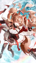  1girl absurdres angelina_(arknights) angelina_the_mellow_wish_(arknights) animal_ear_fluff animal_ears arknights black_collar black_hairband black_shoes black_thighhighs brown_eyes brown_gloves brown_hair chinese_commentary collar commentary_request day dress floating_hair fox_ears fox_girl fox_tail from_above full_body gloves hair_between_eyes hairband highres index_finger_raised long_hair long_sleeves looking_at_viewer open_mouth outdoors pleated_dress shoes sitting smile solo staff_riding tail thigh-highs twintails very_long_hair water yang_yang_kuaidi_yuan 