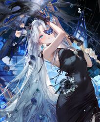  1girl :o black_dress black_flower black_gloves blue_butterfly blue_eyes blue_wings bug butterfly butterfly_hair_ornament butterfly_wings calligraphy_brush chess_piece chessboard clip_studio_paint_(medium) commentary dress earrings english_commentary fairy flower giant_brush gloves hair_flower hair_ornament highres holding holding_staff insect_wings jewelry long_hair looking_at_viewer miyu_(miyulein) night open_mouth original paintbrush picture_frame rose single_earring sky solo staff star_(sky) starry_sky very_long_hair white_flower white_hair wings 