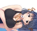  1girl bare_shoulders blue_background blue_eyes blue_hair breasts cleavage gradient gradient_background large_breasts long_hair looking_down masao original school_swimsuit solo swimsuit whistle white_background 