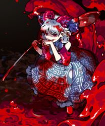 1girl ambiguous_red_liquid blood blood_on_clothes blood_on_face blood_on_hand blue_dress commentary_request curly_hair detached_sleeves dress earrings eye_print highres holding holding_spork horn_ornament horn_ribbon horns jewelry kaigen_1025 meandros oversized_object patterned_clothing pointy_ears red_horns red_sleeves ribbon sharp_teeth sheep_horns solo spork teeth touhou toutetsu_yuuma white_hair 