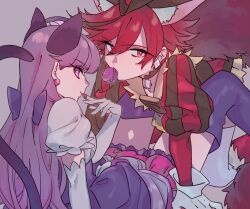  2girls animal_ear_fluff animal_ears cat_ears character_request commentary_request copyright_request dress elbow_gloves fluffy_tail food frilled_dress frills gloves hair_between_eyes itou_(very_ito) licking long_hair looking_at_viewer macaron multiple_girls puffy_short_sleeves puffy_sleeves purple_dress purple_hair red_eyes red_hair shirt short_hair short_sleeves simple_background striped_clothes striped_shirt tail tongue tongue_out violet_eyes white_background white_gloves yuri 
