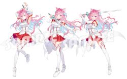  1girl ahoge animal_ears armpits asuna_(sao) asuna_(sao)_(cosplay) bell blue_bow blue_hair blue_ribbon blush bow braid breasts cat_ears cat_girl cat_hair_ornament cat_tail closed_mouth colored_inner_hair commentary_request cosplay detached_sleeves dress full_body hair_bow hair_intakes hair_ornament hairclip highres holding holding_sword holding_weapon indie_virtual_youtuber lambent_light large_breasts long_hair long_sleeves looking_at_viewer multicolored_hair open_mouth pink_eyes pink_hair pink_tail red_skirt ribbon shoes simple_background skirt smile solo_focus star_(symbol) star_hair_ornament sword sword_art_online tail tail_bell tail_ornament tail_ribbon thigh-highs thighs two-tone_hair two_side_up virtual_youtuber weapon white_background white_dress white_shoes white_thighhighs yuuki_hagure yuuki_sakuna 