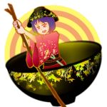  1girl blush bowl bowl_hat concentric_circles grass holding in_bowl in_container japanese_clothes justin_hsu kimono leaf minigirl needle obi open_mouth patterned purple_hair round_image rowing short_hair simple_background solo sukuna_shinmyoumaru touhou twig violet_eyes 