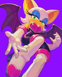  1girl animal_ears animal_nose bare_shoulders bat_ears bat_girl bat_wings black_bodysuit blue_eyeshadow bodysuit boots breasts brushteethjaxx closed_mouth commentary elbow_gloves eyeshadow furry furry_female gloves green_eyes half-closed_eyes high_heels highres looking_at_viewer makeup medium_breasts purple_background rouge_the_bat saturated_background simple_background smile solo sonic_(series) thigh_boots untranslatable_commentary white_fur white_gloves white_hair wings 