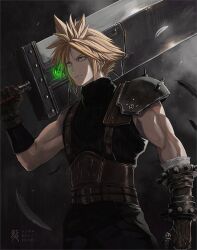  adam_ryu_ford armor artist_name bandaged_arm bandages belt black_feathers black_gloves black_pants black_shirt blonde_hair brown_belt brown_gloves buster_sword closed_mouth cowboy_shot earrings falling_feathers feathers final_fantasy final_fantasy_vii final_fantasy_vii_remake gloves grey_eyes holding holding_sword holding_weapon jewelry multiple_belts muscular muscular_male over_shoulder pants pauldrons ribbed_shirt shirt short_hair shoulder_armor single_bare_shoulder single_earring single_pauldron sleeveless sleeveless_turtleneck spiky_hair stud_earrings suspenders sword turtleneck upper_body weapon weapon_over_shoulder 