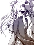  1girl eyepatch highres long_hair looking_at_viewer looking_back monochrome simple_background solo syroh twintails white_background 
