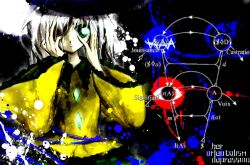  1girl :| closed_mouth commission diagram disembodied_linked_eye english_text expressionless fabit609 graph green_eyes grey_hair hands_on_own_face hands_up highres jacques_lacan komeiji_koishi long_sleeves looking_ahead looking_at_viewer medium_hair one_eye_covered shirt solo straight-on touhou upper_body wide_sleeves yellow_shirt 