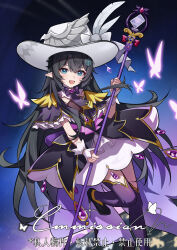  :d absurdres amamiyayk black_dress black_hair black_shoes blue_eyes blue_sky blush bow bowtie breasts bug butterfly chinese_commentary chinese_text commentary_request commission cosplay cure_arcana_shadow cure_arcana_shadow_(cosplay) double-parted_bangs dress ear_piercing english_text glowing_butterfly gradient_sky hair_between_eyes hair_ornament hat high_heels highres holding holding_staff large_breasts long_hair looking_at_viewer mage_staff meitantei_precure! mixed-language_text night open_mouth original outdoors piercing pointy_ears precure purple_bow purple_bowtie purple_sky purple_thighhighs shoes sidelocks sky smile staff star_(sky) thigh-highs very_long_hair watermark white_hat witch_hat wrist_cuffs 