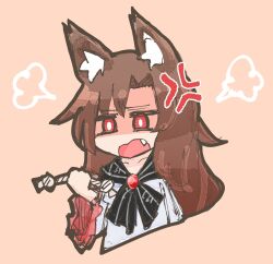  1girl anger_vein angry animal_ears brooch brown_background brown_hair chew_toy chibi chibi_only commentary_request cropped_torso dress fang highres imaizumi_kagerou jewelry long_hair long_sleeves open_mouth puff_of_air red_eyes shaded_face simple_background solo takeo_(goufrog) touhou upper_body white_dress wolf_ears wolf_girl 