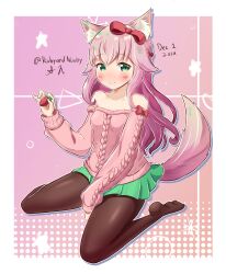  1girl absurdres alternate_costume animal_ear_fluff animal_ears bad_id bad_pixiv_id bare_shoulders between_legs black_pantyhose blush border bow breasts casual cat_ears cat_girl cat_tail closed_mouth collarbone dated drop_shadow food fraise_(nekopara) fruit full_body green_eyes green_skirt hair_bow hand_between_own_legs hand_up highres holding holding_food holding_fruit long_hair long_sleeves looking_at_viewer miniskirt nekopara no_shoes off-shoulder_sweater off_shoulder outline pantyhose pink_background pink_hair pink_sweater pleated_skirt red_bow rooby_n sidelocks simple_background skirt sleeve_bow slit_pupils small_breasts smile soles solo split_mouth star_(symbol) strawberry sweater tail tail_raised thighs toes twitter_username white_border white_outline 