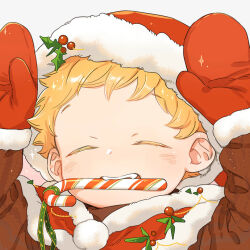  1boy biting candy candy_cane cape child chinese_commentary christmas closed_eyes commentary_request food food_in_mouth fur_trim gradient_background hat male_focus mittens official_art orange_hair papa_wolf_and_the_puppy rushi_(mousang) santa_hat solo tudou_(papa_wolf) upper_body winter_clothes 