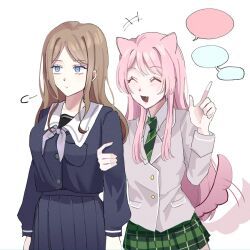  +++ 2girls animal_ears asabo0330 bang_dream! bang_dream!_it's_mygo!!!!! blank_speech_bubble blue_eyes blush brown_hair chihaya_anon commentary dog_ears dog_tail fang green_necktie haneoka_school_uniform highres holding_another's_arm kemonomimi_mode korean_commentary long_hair long_sleeves multiple_girls nagasaki_soyo necktie pink_hair pleated_skirt puff_of_air sailor_collar school_uniform simple_background skin_fang skirt speech_bubble tail tail_wagging tsukinomori_school_uniform upper_body white_background white_sailor_collar 