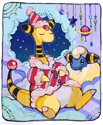  ampharos black_eyes border closed_eyes closed_mouth hat kantarou_(8kan) mareep nightcap no_humans pajamas pokemon pokemon_(creature) red_pajamas sleeping sleeping_upright white_border 