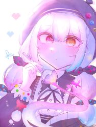  1girl beret black_hat black_jacket bow bug butterfly closed_mouth collared_shirt colored_tips commentary_request contrast_collar hair_bow hat heart heterochromia highres holding holding_paintbrush jacket jacket_partially_removed jogasaki_noah long_hair long_sleeves looking_at_viewer mahou_shoujo_no_majo_saiban mokoyukkuri multi-tied_hair multicolored_hair neck_ribbon off_shoulder paintbrush polka_dot polka_dot_bow red_butterfly red_eyes ribbon shirt solo streaked_hair upper_body white_background white_hair white_shirt yellow_eyes 
