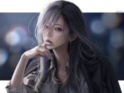  1girl artist_name black_hair black_jacket blazer collared_shirt commentary_request earrings grey_hair grey_shirt highres higuchi_kaede higuchi_kaede_(nanajigen_seitokai) jacket jacket_on_shoulders jewelry long_hair making-of_available mole mole_under_eye multicolored_hair necklace nijisanji official_alternate_costume official_alternate_hairstyle open_collar paddy_field realistic shirt solo twitter_username upper_body violet_eyes virtual_youtuber 