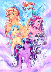  absurdres applejack artist_name blonde_hair blue_eyes blue_fur blue_hair blue_wings commentary dashienova english_commentary feathered_wings fluttershy green_eyes grin highres long_hair multicolored_hair my_little_pony my_little_pony:_forever_friendship no_humans one_eye_closed open_mouth pegasus pink_eyes pink_fur pink_hair pinkie_pie pony_(animal) purple_fur purple_hair rainbow_dash rainbow_hair rarity_(my_little_pony) red_hair smile sparkle tail teeth twilight_sparkle two-tone_hair unicorn upper_teeth_only violet_eyes white_fur wings yellow_fur yellow_wings 