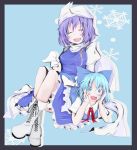  2girls ankle_socks arm_support blue_background blue_eyes blue_hair boots bow cirno closed_eyes cross-laced_footwear crossed_legs_(sitting) dress facing_viewer frame hair_bow hat head_rest high_collar juliet_sleeves kuroi-neko lavender_hair letty_whiterock long_sleeves looking_at_viewer lying_on_lap lying_on_person multiple_girls no_shoes open_mouth pin puffy_sleeves ribbon shawl short_hair simple_background sitting snowflakes touhou 