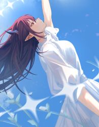  1girl absurdres arm_up black_horns blue_sky breasts closed_mouth commentary day dress english_commentary highres hololive hololive_english horns irys_(hololive) large_breasts long_hair long_sleeves looking_up pointy_ears red_eyes red_hair si_farid sky solo virtual_youtuber white_dress 