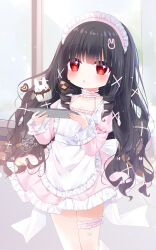  1girl :o apron black_hair blunt_bangs blush checkerboard_cookie chinese_commentary choker collarbone commentary_request cookie cowboy_shot cupcake dress drill_hair drill_sidelocks food frilled_apron frilled_choker frilled_dress frilled_sleeves frilled_thigh_strap frills hair_ornament highres holding holding_tray juliet_sleeves long_hair long_sleeves maid maid_headdress open_mouth original pink_choker pink_dress puffy_sleeves red_eyes shimo_shiina short_dress sidelocks solo thigh_strap tray white_apron x_hair_ornament 