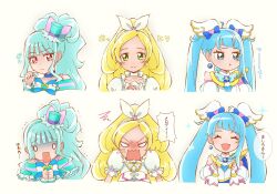  3girls :t absurdres anger_vein angry aqua_hair aqua_hairband aqua_hat blank_eyes blonde_hair blue_bow blue_bowtie blue_choker blue_eyes blue_hair bow bowtie brooch choker closed_eyes closed_mouth commentary cure_lillian cure_rhythm cure_sky cut_bangs detached_sleeves dress earrings frown gloom_(expression) green_eyes hair_ornament hair_ribbon hairband hands_on_own_chest hat heart heart_brooch heart_earrings highres hirogaru_sky!_precure jaw_drop jewelry long_hair looking_at_viewer magical_girl minamino_kanade mini_hat mini_top_hat multicolored_hair multiple_girls nekoyashiki_mayu off-shoulder_dress off_shoulder open_mouth own_hands_together pink_hair pout precure puffy_detached_sleeves puffy_short_sleeves puffy_sleeves ribbon scared short_sleeves side_ponytail simple_background single_sidelock sleeveless sleeveless_dress smile sora_harewataru squiggle streaked_hair suite_precure tilted_headwear top_hat translated trembling twintails two-tone_hair v-shaped_eyes very_long_hair violet_eyes white_background white_choker white_dress white_ribbon wing_brooch wing_hair_ornament wonderful_precure! yuu13 