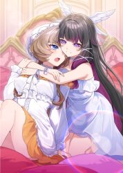  2girls absurdres bare_shoulders black_hair blue_eyes brown_hair colored_inner_hair columbina_(genshin_impact) columbina_(the_final_gift)_(genshin_impact) commentary_request frilled_nightgown genshin_impact hair_ornament highres hug indoors kneeling long_hair long_sleeves looking_at_another multicolored_hair multiple_girls nightgown official_alternate_costume on_bed open_mouth pajamas purple_hair ringozaka_mariko sandrone_(genshin_impact) sandrone_(the_final_gift)_(genshin_impact) sitting smile symbol_in_eye very_long_hair violet_eyes white_gown white_nightgown white_pajamas wing_hair_ornament 