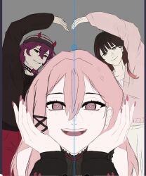  1boy 2girls :d artist_self-insert beanie black_jacket blonde_hair blunt_bangs brown_hair choker fake_horns felicie_(killer_chat) grey_eyes grin hat heart heart-shaped_pupils heart_arms heart_arms_trio highres horns jacket killer_chat! looking_at_viewer multiple_girls oc_x_canon original pink_eyes pink_nails purple_hair reificated ronin_(killer_chat) shirt sleeveless sleeveless_shirt smile sweater symbol-shaped_pupils unfinished 