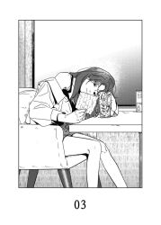  1girl bad_source border bumped_into_x cha_dahm chair collared_shirt commentary_request cup drinking_glass expressionless feet_out_of_frame greyscale holding holding_cup holding_paper ice inset_border korean_commentary leaning_on_table long_hair long_sleeves monochrome official_art on_chair paper shirt shorts single_off_shoulder sitting table tank_top white_background yeongol 