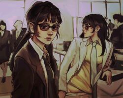  2girls black_necktie breasts chainsaw_man collared_shirt cross_scar dress ghostlyvague groin highres jacket looking_at_viewer medium_breasts mitaka_asa multiple_girls neckerchief necktie open_clothes open_jacket parted_lips people scar scar_on_cheek scar_on_face shirt suit sunglasses twintails white_jacket white_neckerchief white_shirt yellow_dress yoru_(chainsaw_man) 