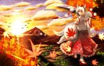  1girl animal_ears autumn_leaves bird clouds ddfftasogare detached_sleeves geta grass hat high_collar highres inubashiri_momiji leaf lens_flare looking_back looking_over_shoulder maple_leaf mountain outdoors path pom_pom_(clothes) red_eyes road shield short_hair skirt smile solo sunset sword tabi tail tengu-geta tokin_hat touhou tree weapon white_hair wolf_ears wolf_tail 