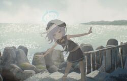  1girl absurdres armpits beret black_choker black_hat black_nails black_sailor_collar black_serafuku black_skirt blue_archive blue_eyes blue_halo choker double_v grey_hair grin hair_ornament hairclip halo happy hat highres island lake leaning_to_the_side looking_at_viewer midriff_peek moss neckerchief norio_(norio386) outstretched_arms parallel_hairclips pleated_skirt railing rock rust sailor_collar school_uniform serafuku skirt sleeveless smile solo spread_arms sumika_(blue_archive) v water watermark white_neckerchief 