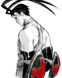  1boy absurdres antenna_hair ashley_riot bare_shoulders black_gloves black_hair buckler closed_mouth commentary daggerarcadia elbow_gloves gloves head_down highres male_focus monochrome muscular muscular_male profile shield shirt sleeveless sleeveless_shirt solo spot_color upper_body vagrant_story white_background 
