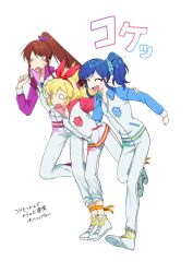  3girls aikatsu! aikatsu!_(series) aorn1rnao8 blonde_hair blue_hair blue_scrunchie blue_sleeves brown_hair closed_eyes full_body hair_ornament hair_ribbon hair_scrunchie hairband hand_on_another's_shoulder highres hoshimiya_ichigo jacket kiriya_aoi long_hair looking_at_another multiple_girls o_o open_mouth pants ponytail purple_ribbon purple_sleeves red_hairband red_sleeves ribbon scrunchie shibuki_ran shoes side_ponytail simple_background sneakers soleil_(aikatsu!) three-legged_race tripping white_background white_jacket white_pants white_shoes 