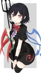  1girl absurdres asymmetrical_wings black_dress black_hair black_thighhighs blue_wings bow bowtie commentary cowboy_shot dress green_snake highres holding holding_polearm holding_weapon houjuu_nue looking_at_viewer open_mouth polearm red_bow red_bowtie red_eyes red_wings short_sleeves smile snake snake_wrapped_around_arm solo subaritsuku thigh-highs touhou trident weapon wings 