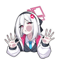  1girl against_fourth_wall against_glass anger_vein angry black_hairband blazer blue_archive blue_necktie bow cheek_on_glass cheek_press collared_shirt comiket_108 commentary_request double-parted_bangs hair_between_eyes hair_bow hairband half_updo halo hand_on_glass highres jacket kei_(blue_archive) kei_(student)_(blue_archive) long_hair_between_eyes looking_at_viewer loosely_tucked_bangs multicolored_jacket necktie nichijou_(nichijoutouhou) pink_eyes pink_halo rectangular_halo ringed_eyes shirt simple_background solo two-tone_jacket upper_body white_background white_jacket white_shirt 