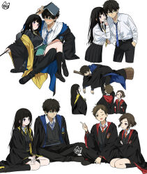  2boys 2girls artist_logo belt black_pants black_robe black_shoes black_socks black_sweater blue_necktie blue_robe blush book book_on_head breasts broom broom_riding chitanda_eru collared_shirt commentary_request crossed_arms dress_shirt eye_contact floating fukube_satoshi green_eyes hands_in_pocket highres holding holding_book holding_wand hood hood_down hooded_robe hyouka ibara_mayaka kneehighs loafers logo long_hair long_sleeves looking_at_another mery_(yangmalgage) mole mole_under_eye multiple_boys multiple_girls multiple_views necktie object_on_head one_eye_closed open_mouth oreki_houtarou pants red_robe robe school_uniform shirt shirt_tucked_in shoes short_hair simple_background sitting sitting_on_lap sitting_on_person smile socks sweater two-sided_fabric two-sided_robe violet_eyes wand whispering_in_ear white_background white_shirt wide_sleeves yellow_necktie yellow_robe 